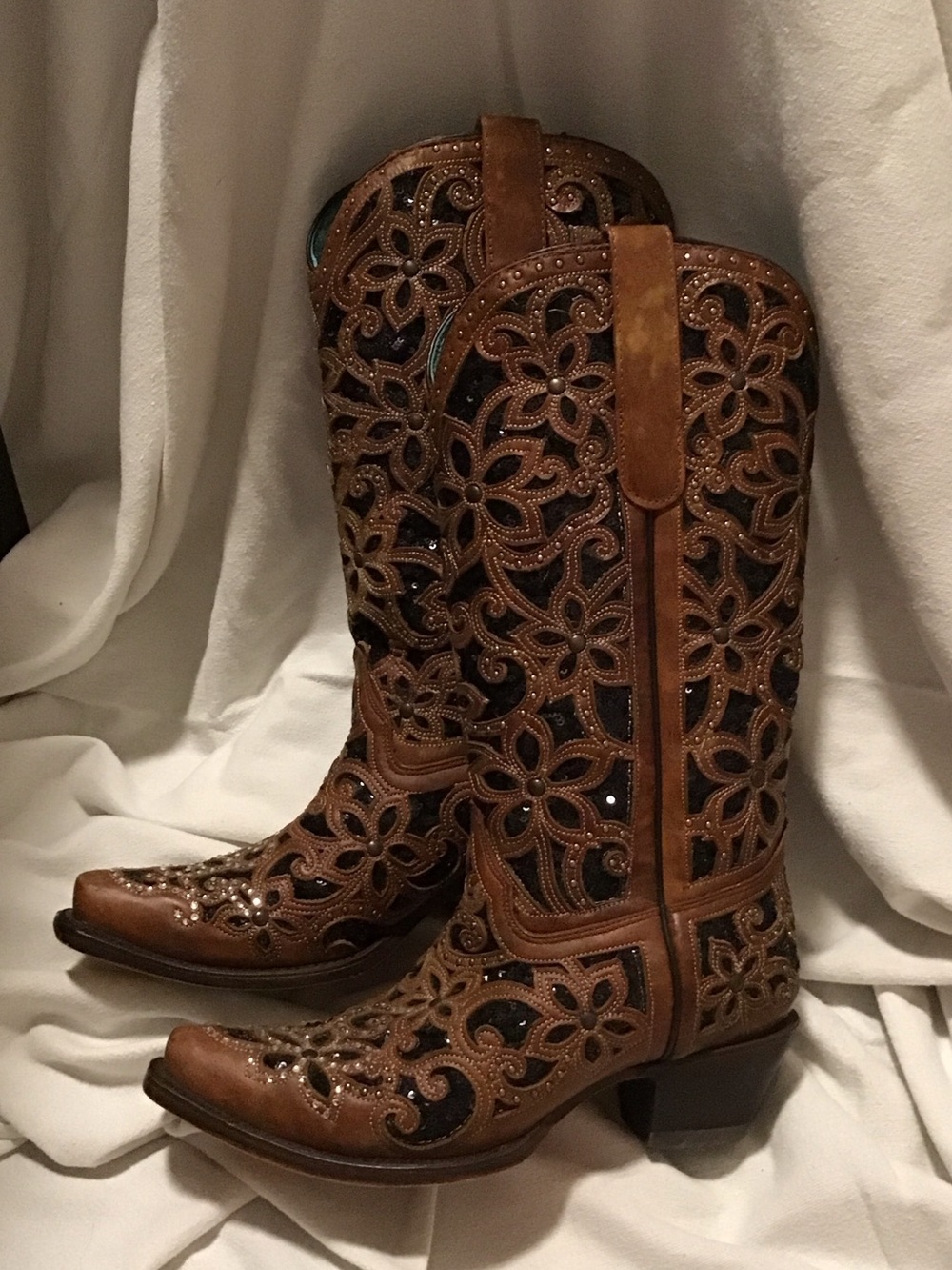 Corral Brown Floral Cutout Western Heeled Boots